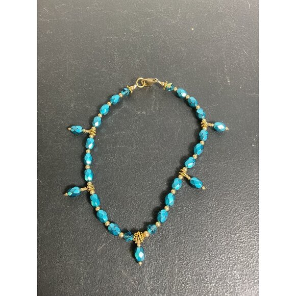 Turquoise Beaded Anklet Bracelet With Gold Accents & Lobster Clasp - Picture 1 of 3